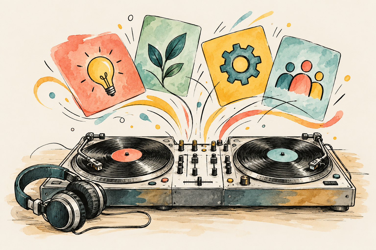 Hand-drawn DJ decks mixing ideas from nature, technology and people