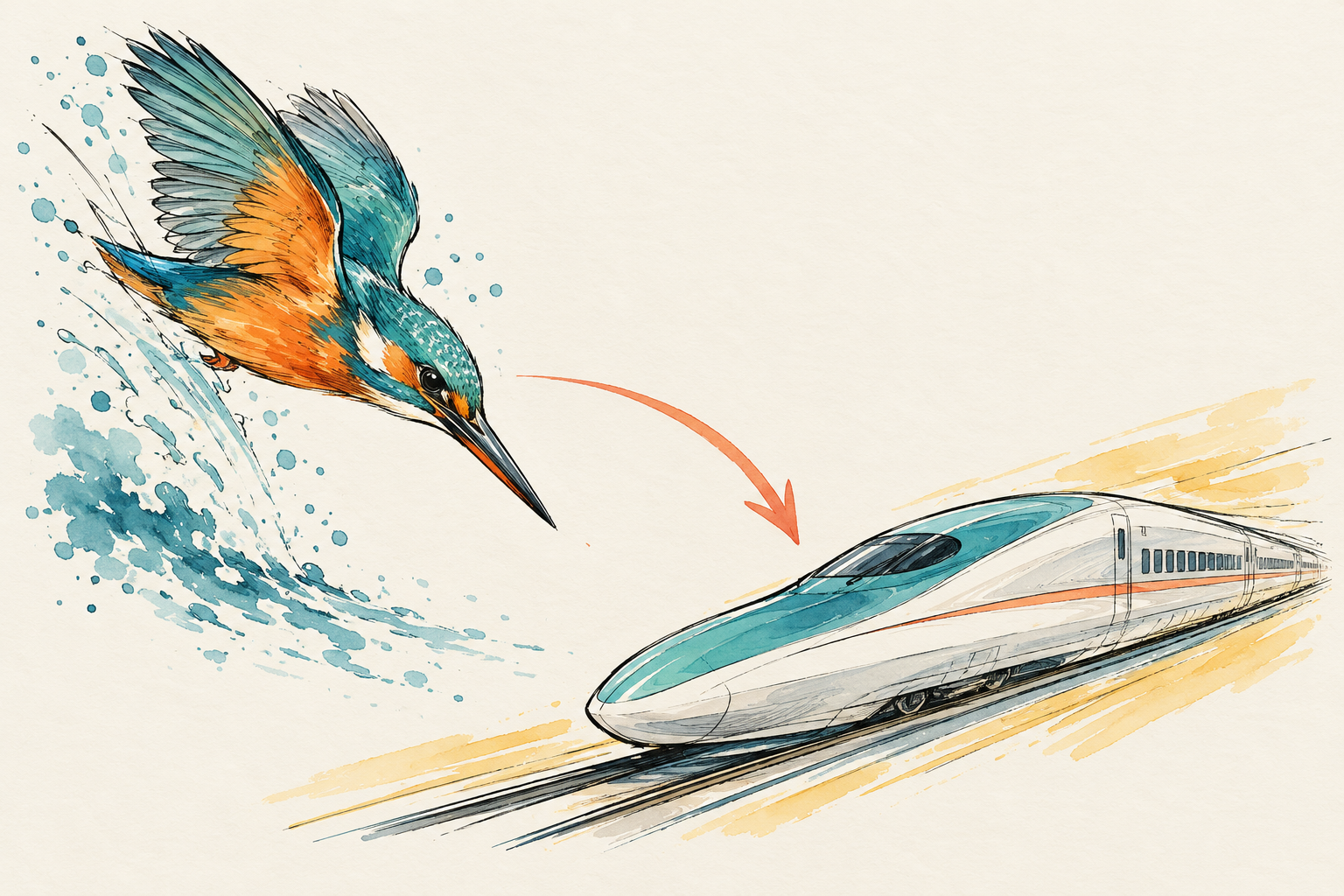 Hand-drawn kingfisher and streamlined high-speed train