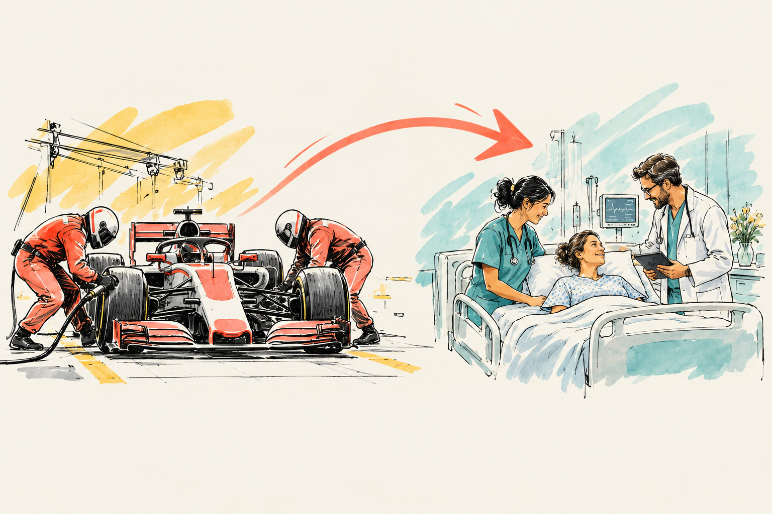 Hand-drawn Formula 1 pit crew connected to a coordinated hospital team