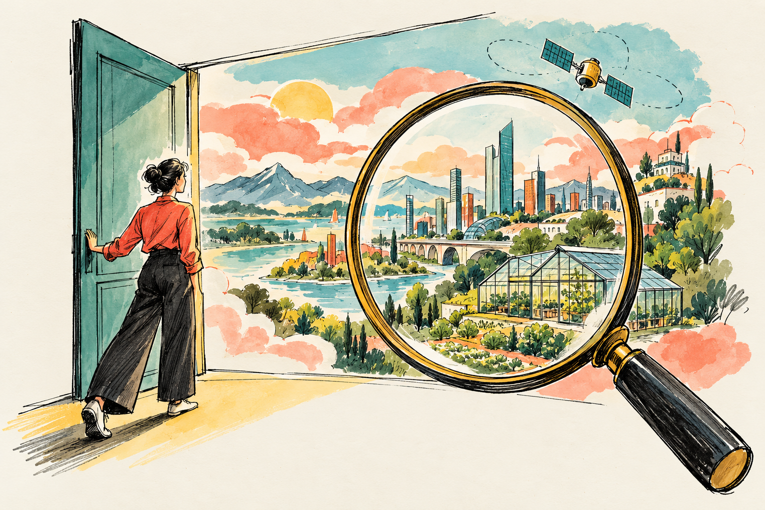Looking beyond familiar boundaries through an open door and magnifying glass