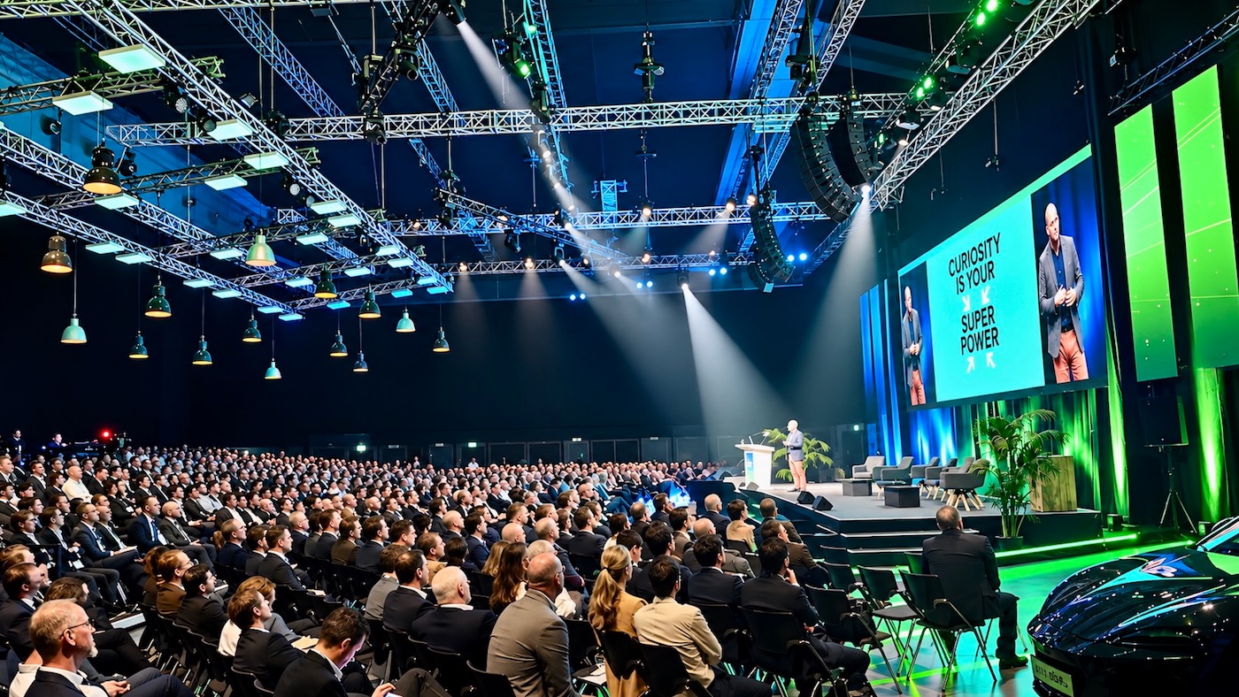 Ramon Vullings on stage at AVL in Austria, presenting to a large audience